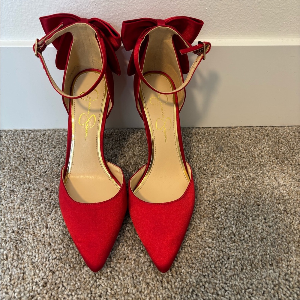 Jessica Simpson Elegant Red Bow Ankle Strap Heels